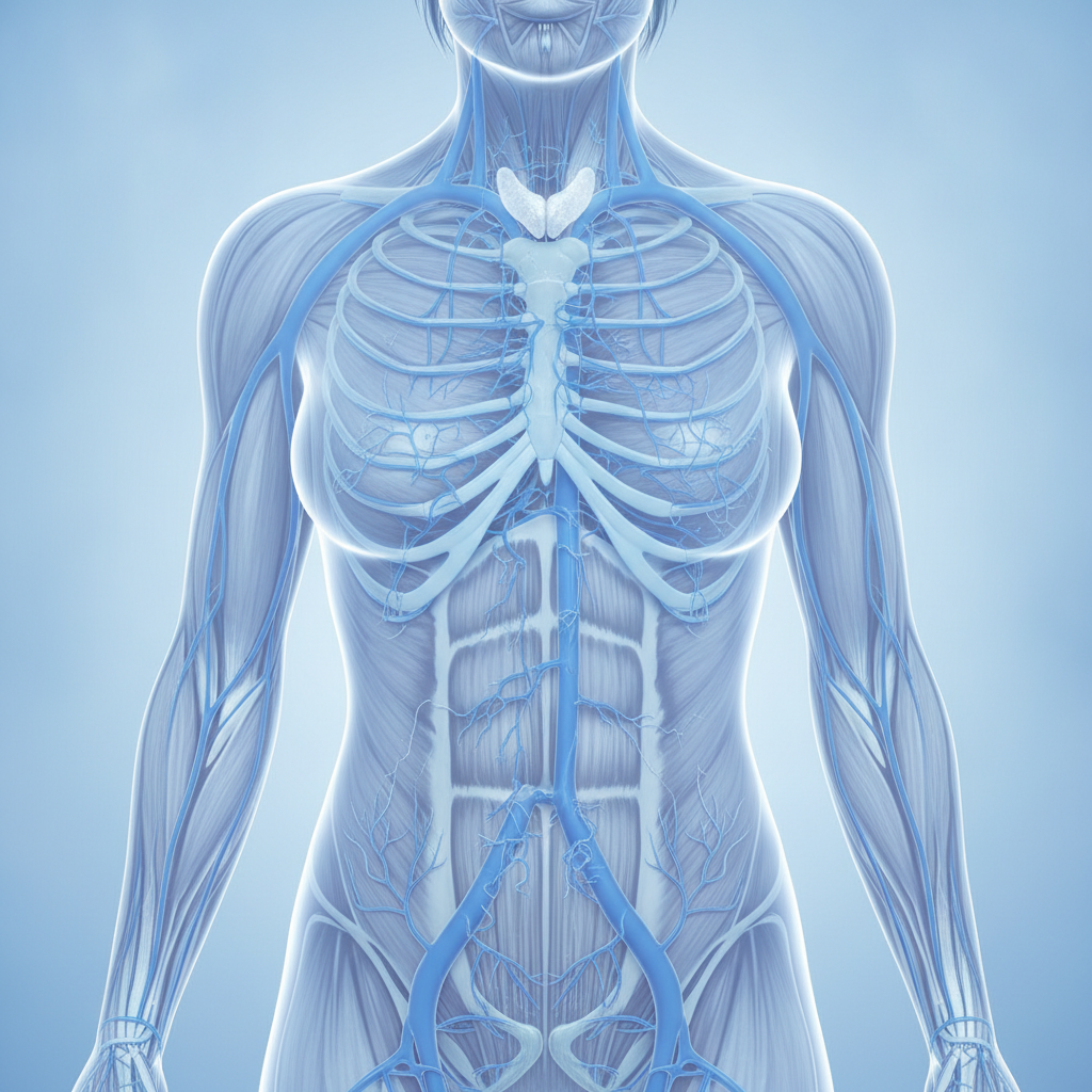 Anatomical illustration showing thyroid gland location and pelvic vascular system with connecting pathways