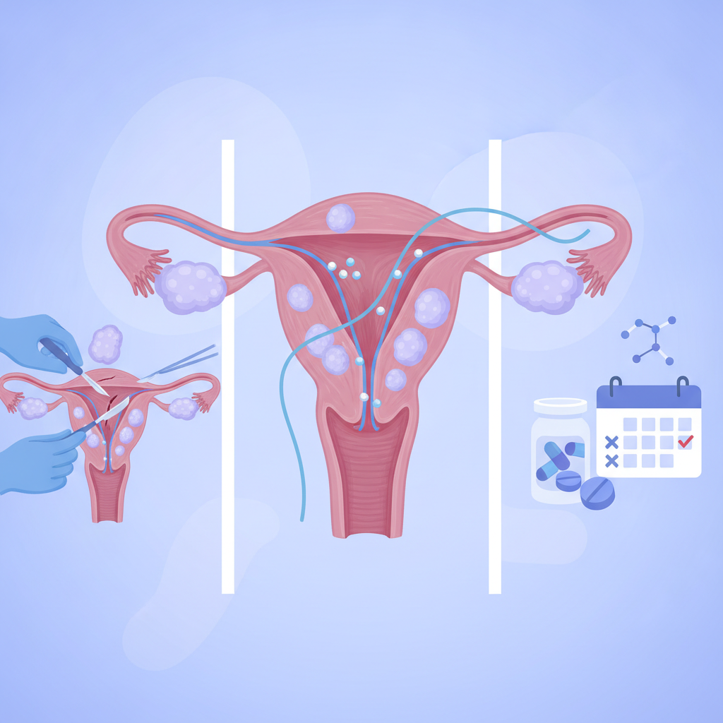 Fibroid Treatment Without Hysterectomy Medical illustration of uterine fibroids and treatment options with anatomical clarity
