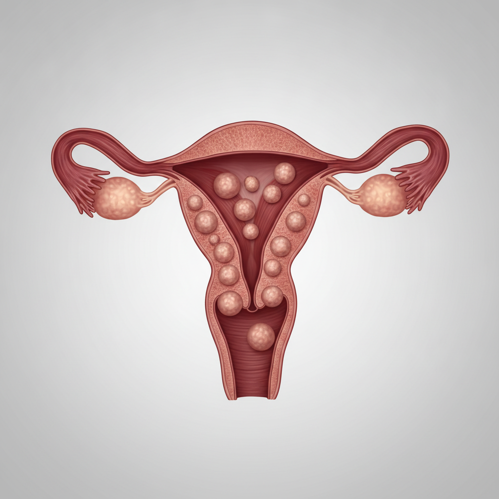 Fibroids and Pelvic Pain: What’s the Connection? Medical illustration of uterus showing fibroid growths and surrounding pelvic anatomy