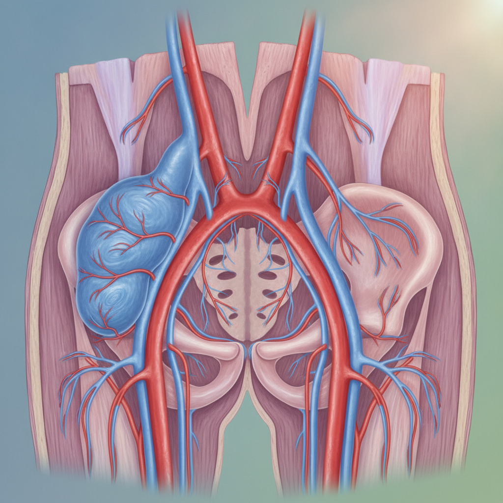 How Embolization Relieves Chronic Pelvic Pain Abstract medical illustration of pelvic vascular system with blood flow visualization
