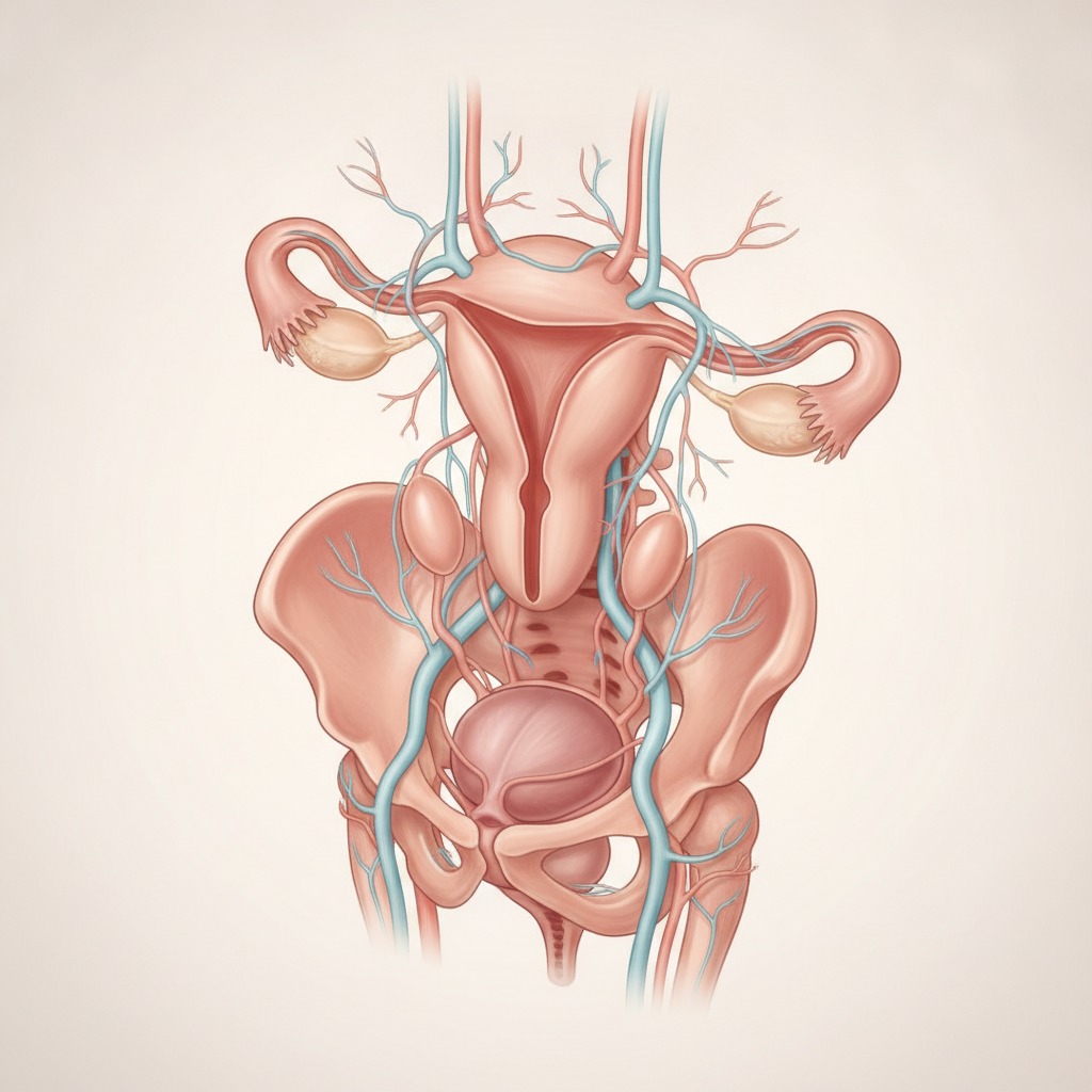 Medical illustration showing pelvic anatomy with highlighted areas indicating pain zones and vascular structures