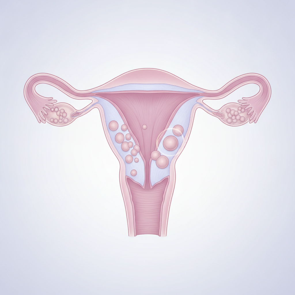 Signs You May Have Uterine Fibroids Medical illustration of uterus showing benign fibroid growths in cross-section