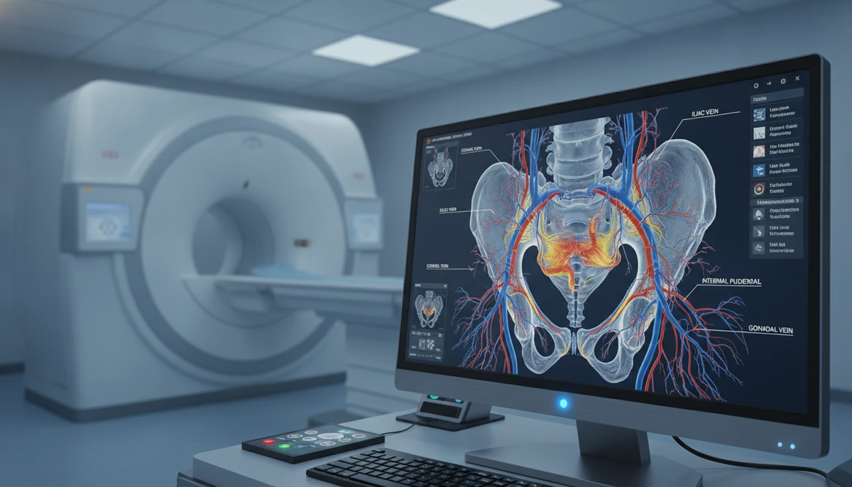 How Vascular Specialists Diagnose Chronic Pelvic Pain Medical professional reviewing MRI imaging scan of pelvic vein structures in diagnostic setting
